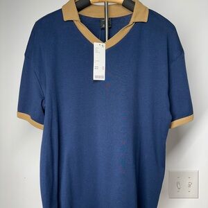 NWT Men's Urban Outfitters Blue and Tan Polo Shirt V-Neck Size L